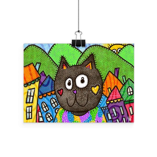 Cat in a Village  Whimsical Art Print Online Hot Sale