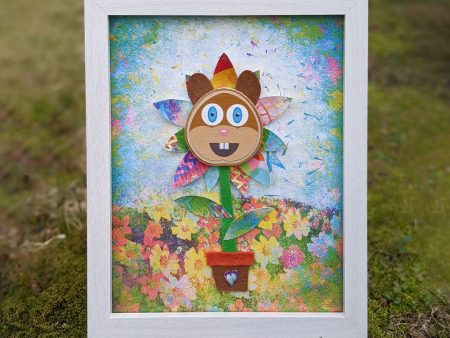 Whimsical Squirrel Flower - Framed Mixed Media Art Fashion