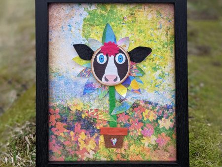 Whimsical Cow Flower - Framed Mixed Media Art Cheap