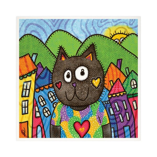 Cat in a Village  Whimsical Art Print Online Hot Sale