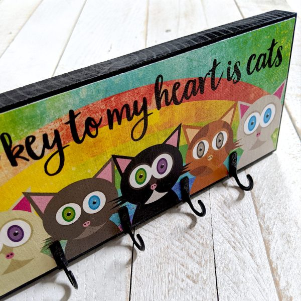 The key to my heart is cats  Whimsical Cat Art Key Holder on Sale