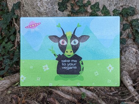 Take Me To Your Vegans  Alien Cow Glass Cutting Board Supply