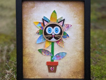 Whimsical Cat Flower - Framed Mixed Media Art For Cheap