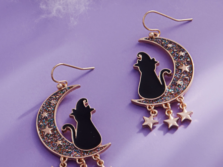 Halloween Cat And Crescent Earrings Online now