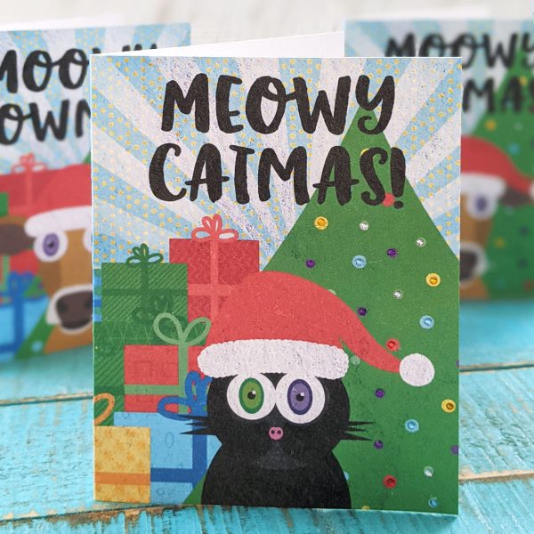 Meowy Catmas  Holiday Card, Recycled Christmas Cat Card For Cheap