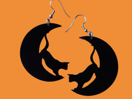 Cat On A Crescent Moon Earrings For Sale