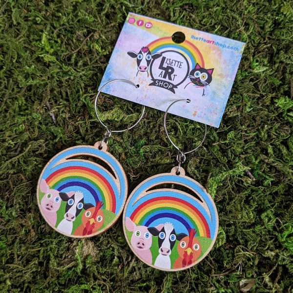 Rainbow Friends  Trio - Printed Wood Charm Vegan Animals Hoop Earrings Online now