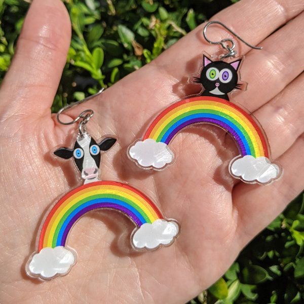 Rainbow Friends - Cat & Cow  Printed Mismatch Recycled Acrylic Charm Earrings Cheap