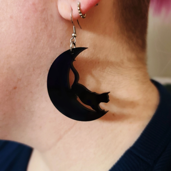 Cat On A Crescent Moon Earrings For Sale