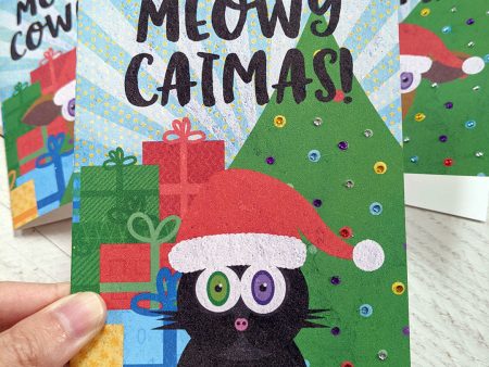 Meowy Catmas  Holiday Card, Recycled Christmas Cat Card For Cheap