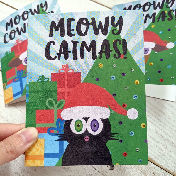 Meowy Catmas  Holiday Card, Recycled Christmas Cat Card For Cheap