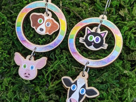 Why love one but eat the other?  Vegan Cat Cow, Dog Pig Printed Wood Charm Earrings For Sale