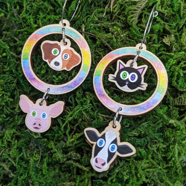 Why love one but eat the other?  Vegan Cat Cow, Dog Pig Printed Wood Charm Earrings For Sale