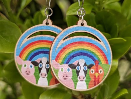 Rainbow Friends  Trio - Printed Wood Charm Vegan Animals Hoop Earrings Online now