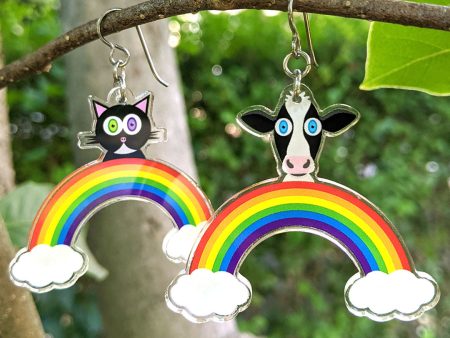 Rainbow Friends - Cat & Cow  Printed Mismatch Recycled Acrylic Charm Earrings Cheap