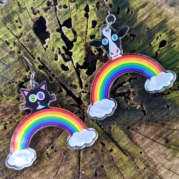 Rainbow Friends - Cat & Cow  Printed Mismatch Recycled Acrylic Charm Earrings Cheap